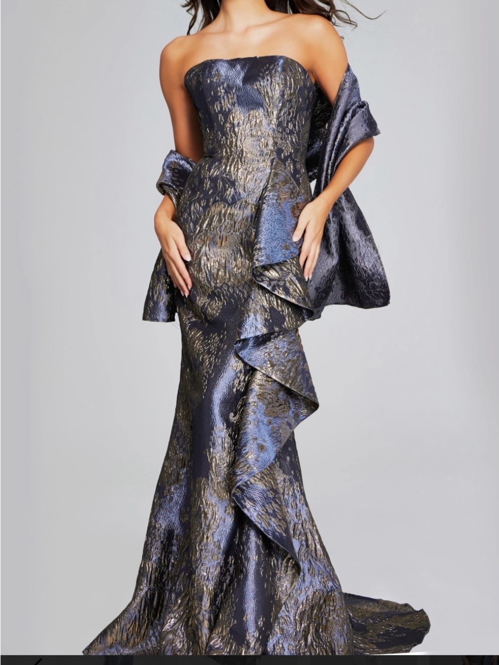 Jovani Strapless Luminous Blue-Gray Jacquard Evening Gown